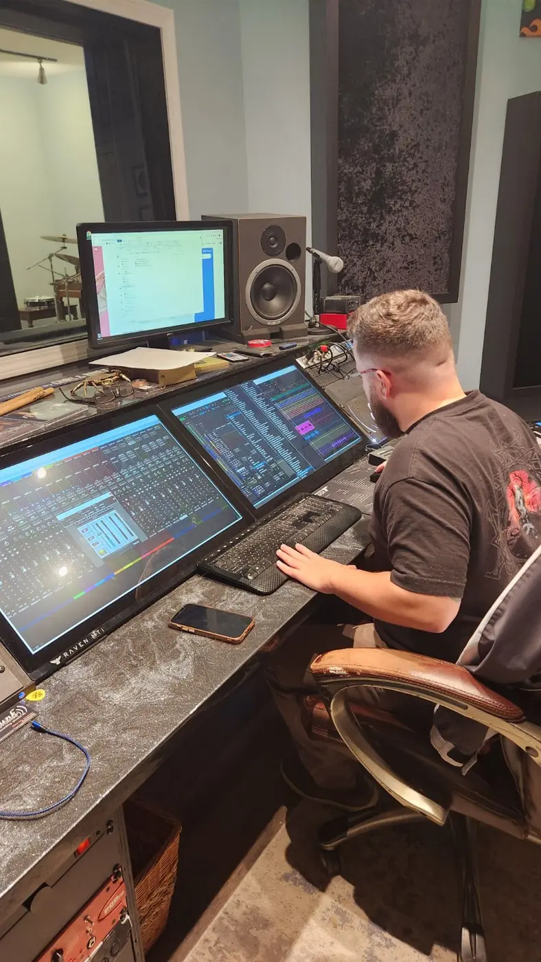 Engineer mixing a session at the Defunk Studios production desk